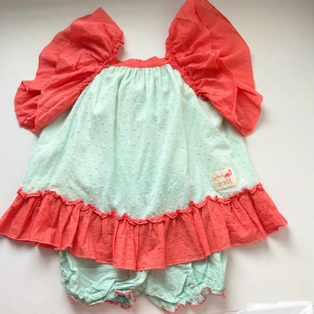 Rosa Flamenco Boutique Mint Coral Swiss Dot Tunic & Blooms Set Size 6